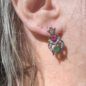 Dramatic Rhodium covered Sterling Topaz Rubies & Emerald Turkish style earrings
